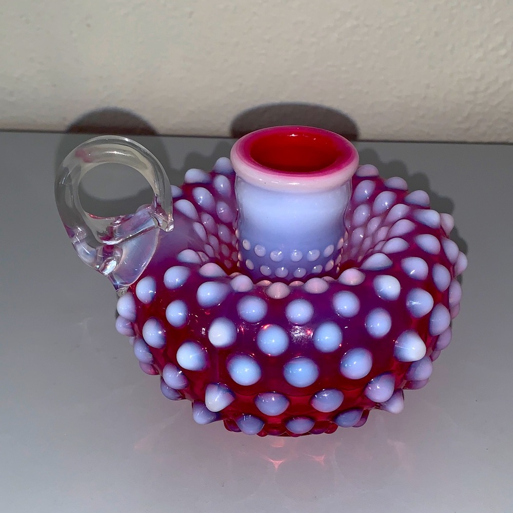 Vintage Fenton opalescent cranberry hobnail finger candlestick holder